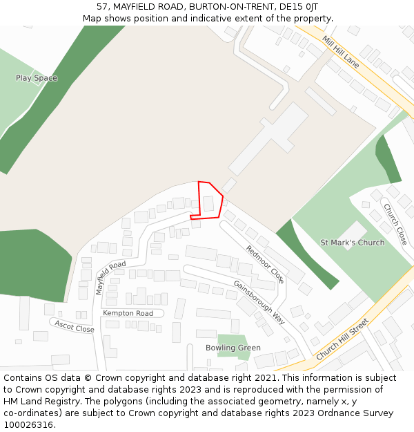 57, MAYFIELD ROAD, BURTON-ON-TRENT, DE15 0JT: Location map and indicative extent of plot