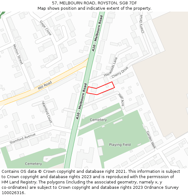 57, MELBOURN ROAD, ROYSTON, SG8 7DF: Location map and indicative extent of plot