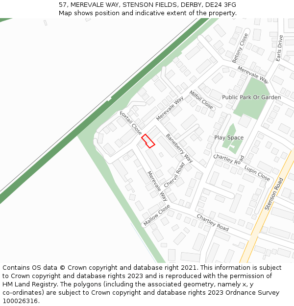 57, MEREVALE WAY, STENSON FIELDS, DERBY, DE24 3FG: Location map and indicative extent of plot