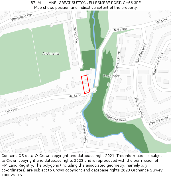 57, MILL LANE, GREAT SUTTON, ELLESMERE PORT, CH66 3PE: Location map and indicative extent of plot