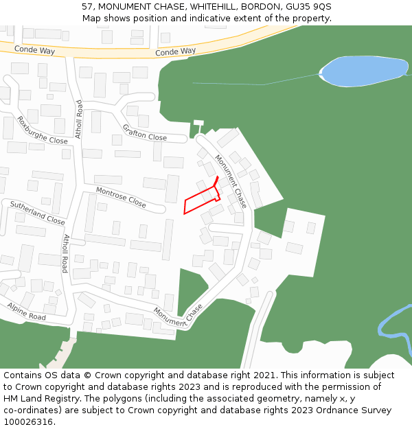 57, MONUMENT CHASE, WHITEHILL, BORDON, GU35 9QS: Location map and indicative extent of plot