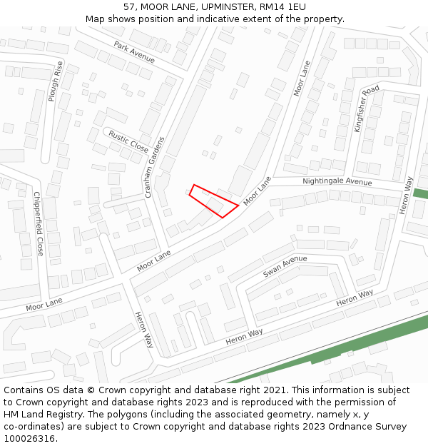 57, MOOR LANE, UPMINSTER, RM14 1EU: Location map and indicative extent of plot