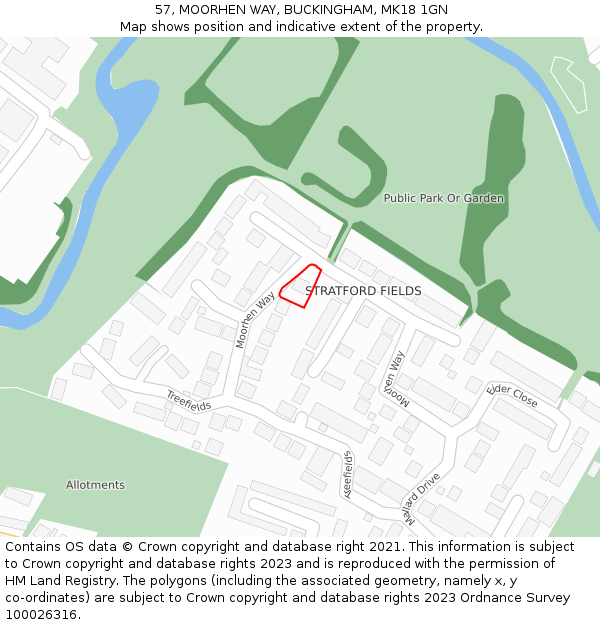 57, MOORHEN WAY, BUCKINGHAM, MK18 1GN: Location map and indicative extent of plot