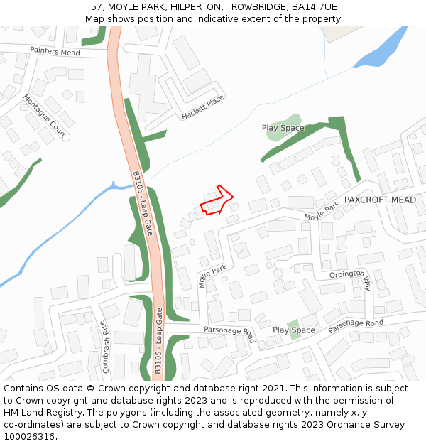 57, MOYLE PARK, HILPERTON, TROWBRIDGE, BA14 7UE: Location map and indicative extent of plot