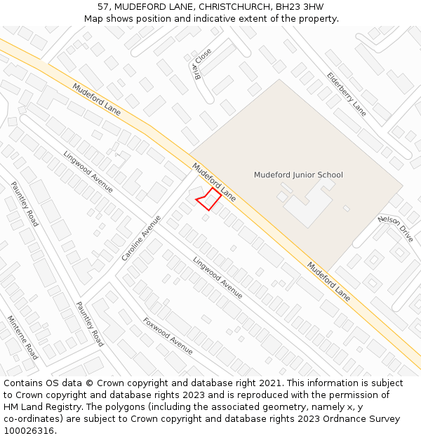 57, MUDEFORD LANE, CHRISTCHURCH, BH23 3HW: Location map and indicative extent of plot