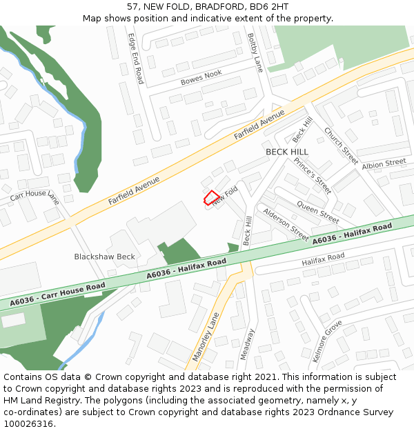 57, NEW FOLD, BRADFORD, BD6 2HT: Location map and indicative extent of plot