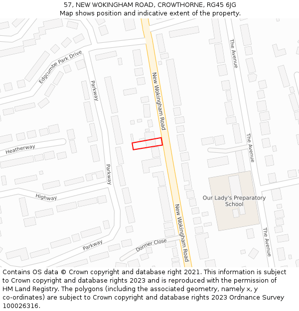 57, NEW WOKINGHAM ROAD, CROWTHORNE, RG45 6JG: Location map and indicative extent of plot