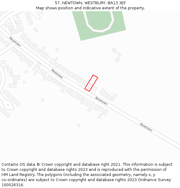 57, NEWTOWN, WESTBURY, BA13 3EF: Location map and indicative extent of plot