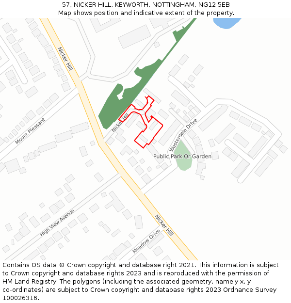 57, NICKER HILL, KEYWORTH, NOTTINGHAM, NG12 5EB: Location map and indicative extent of plot