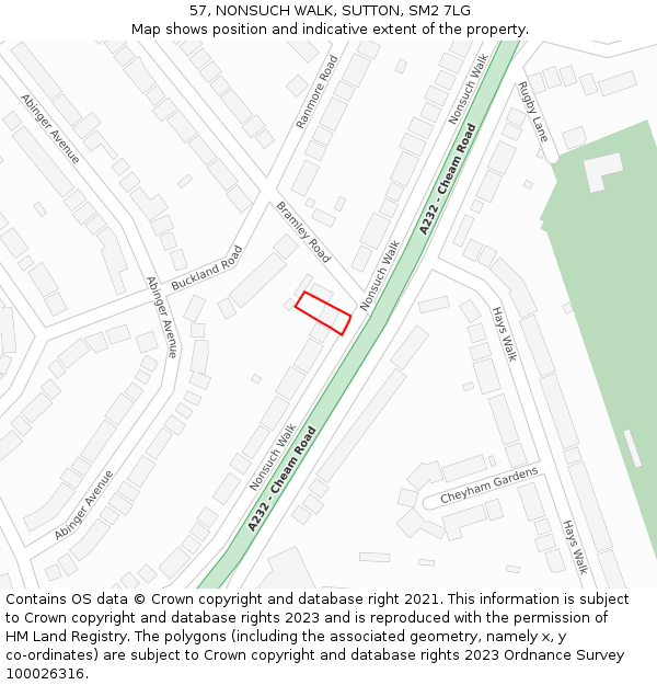 57, NONSUCH WALK, SUTTON, SM2 7LG: Location map and indicative extent of plot