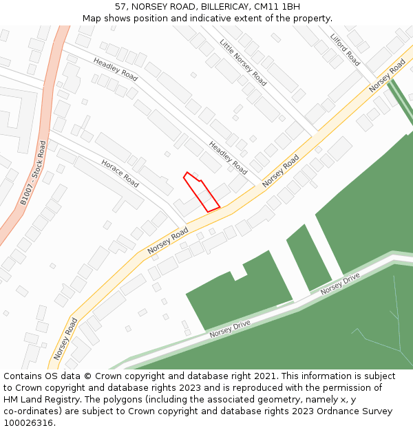 57, NORSEY ROAD, BILLERICAY, CM11 1BH: Location map and indicative extent of plot
