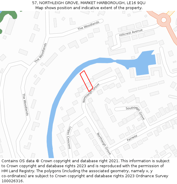 57, NORTHLEIGH GROVE, MARKET HARBOROUGH, LE16 9QU: Location map and indicative extent of plot