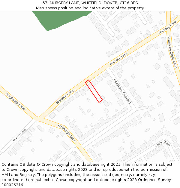 57, NURSERY LANE, WHITFIELD, DOVER, CT16 3ES: Location map and indicative extent of plot