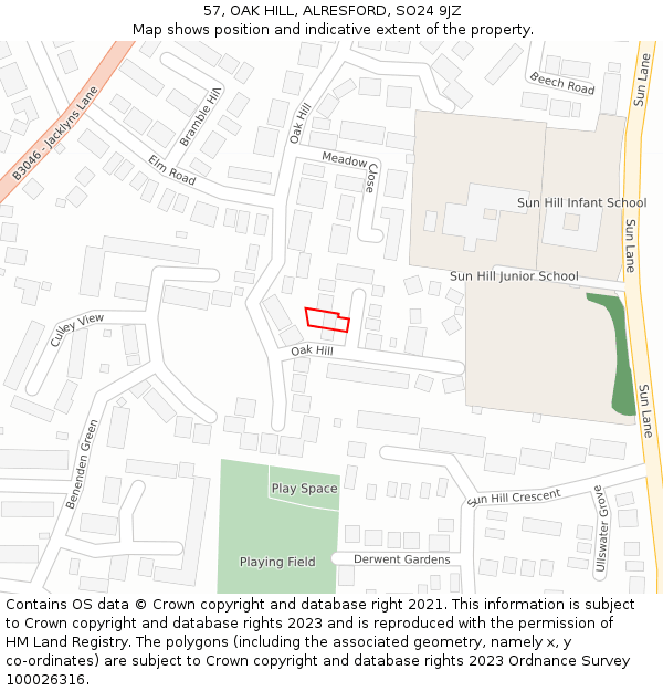 57, OAK HILL, ALRESFORD, SO24 9JZ: Location map and indicative extent of plot