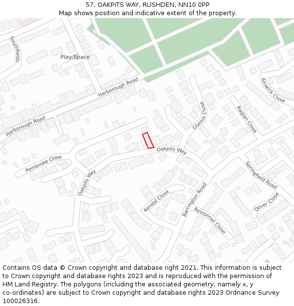 57, OAKPITS WAY, RUSHDEN, NN10 0PP: Location map and indicative extent of plot