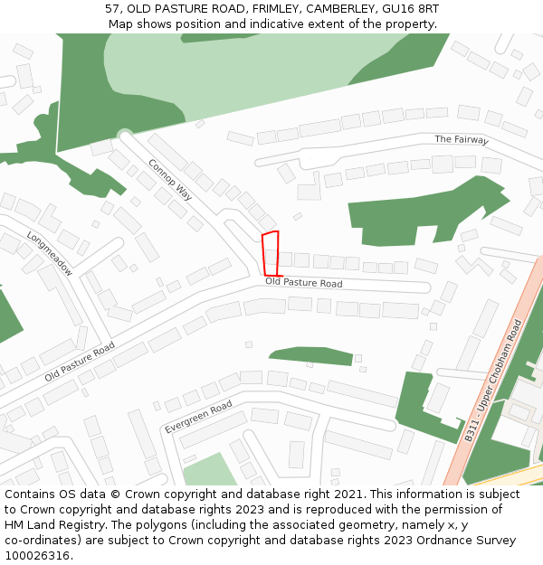 57, OLD PASTURE ROAD, FRIMLEY, CAMBERLEY, GU16 8RT: Location map and indicative extent of plot