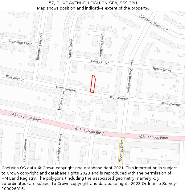 57, OLIVE AVENUE, LEIGH-ON-SEA, SS9 3PU: Location map and indicative extent of plot