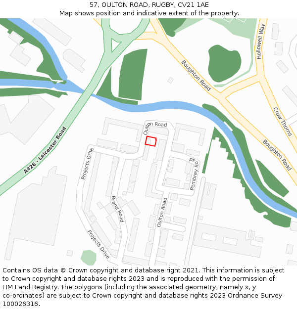57, OULTON ROAD, RUGBY, CV21 1AE: Location map and indicative extent of plot