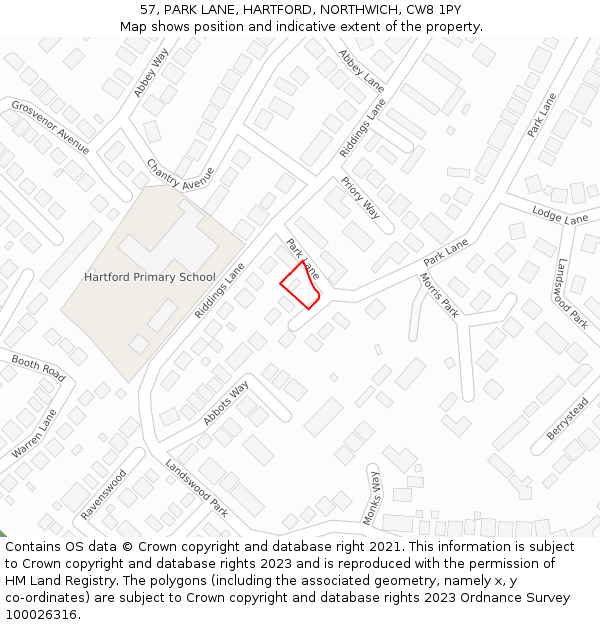 57, PARK LANE, HARTFORD, NORTHWICH, CW8 1PY: Location map and indicative extent of plot