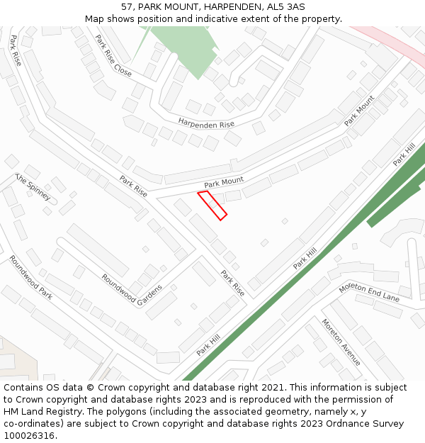 57, PARK MOUNT, HARPENDEN, AL5 3AS: Location map and indicative extent of plot