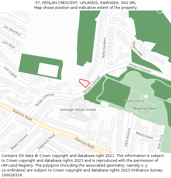 57, PENLAN CRESCENT, UPLANDS, SWANSEA, SA2 0RL: Location map and indicative extent of plot