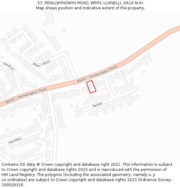 57, PENLLWYNGWYN ROAD, BRYN, LLANELLI, SA14 9UH: Location map and indicative extent of plot