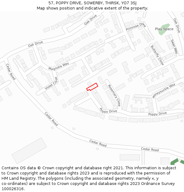 57, POPPY DRIVE, SOWERBY, THIRSK, YO7 3SJ: Location map and indicative extent of plot