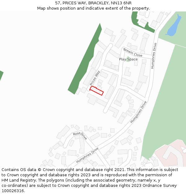 57, PRICES WAY, BRACKLEY, NN13 6NR: Location map and indicative extent of plot