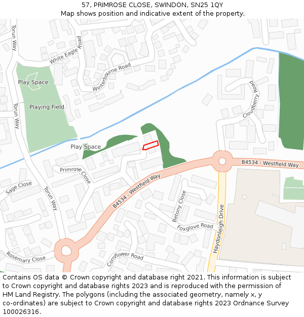 57, PRIMROSE CLOSE, SWINDON, SN25 1QY: Location map and indicative extent of plot