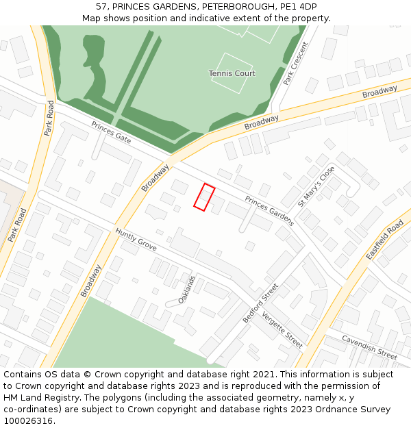 57, PRINCES GARDENS, PETERBOROUGH, PE1 4DP: Location map and indicative extent of plot