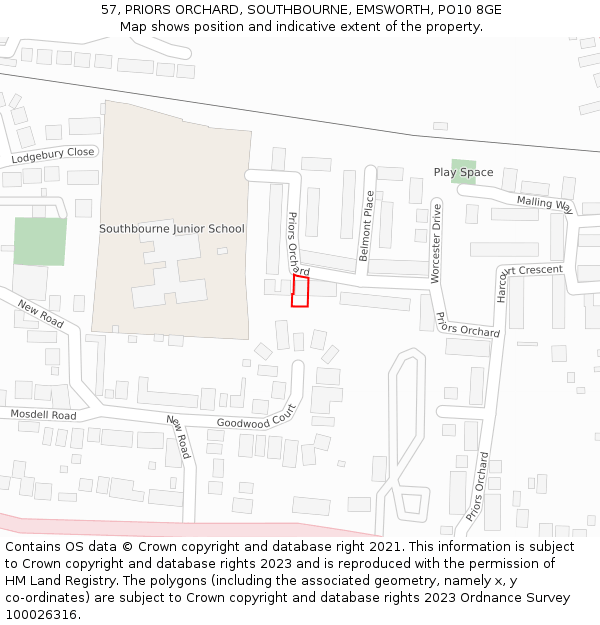 57, PRIORS ORCHARD, SOUTHBOURNE, EMSWORTH, PO10 8GE: Location map and indicative extent of plot