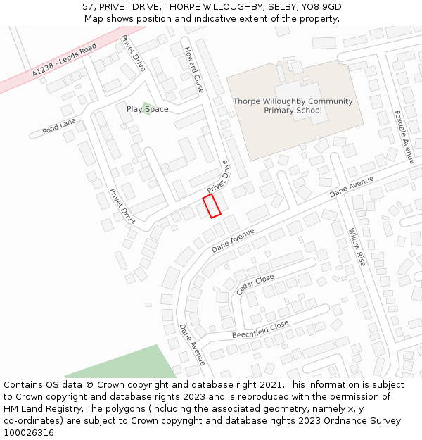 57, PRIVET DRIVE, THORPE WILLOUGHBY, SELBY, YO8 9GD: Location map and indicative extent of plot