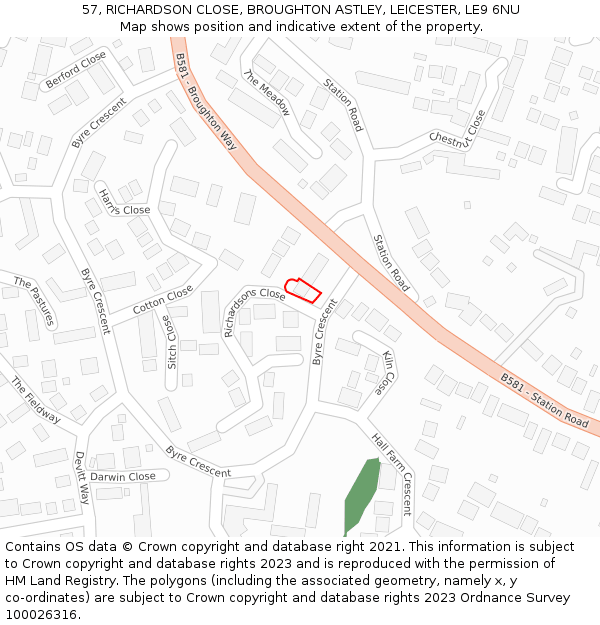 57, RICHARDSON CLOSE, BROUGHTON ASTLEY, LEICESTER, LE9 6NU: Location map and indicative extent of plot