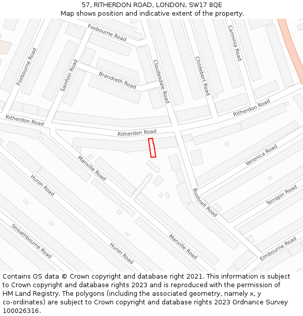 57, RITHERDON ROAD, LONDON, SW17 8QE: Location map and indicative extent of plot