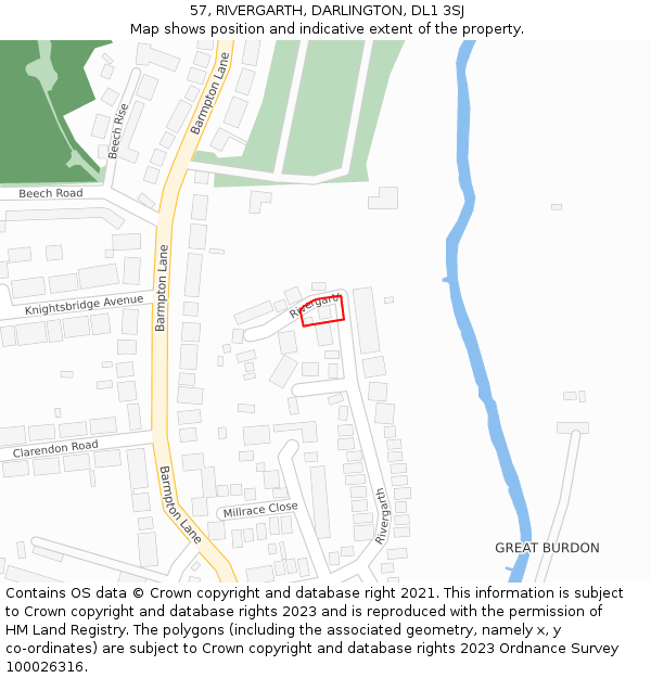 57, RIVERGARTH, DARLINGTON, DL1 3SJ: Location map and indicative extent of plot