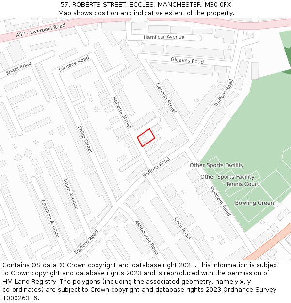 57, ROBERTS STREET, ECCLES, MANCHESTER, M30 0FX: Location map and indicative extent of plot