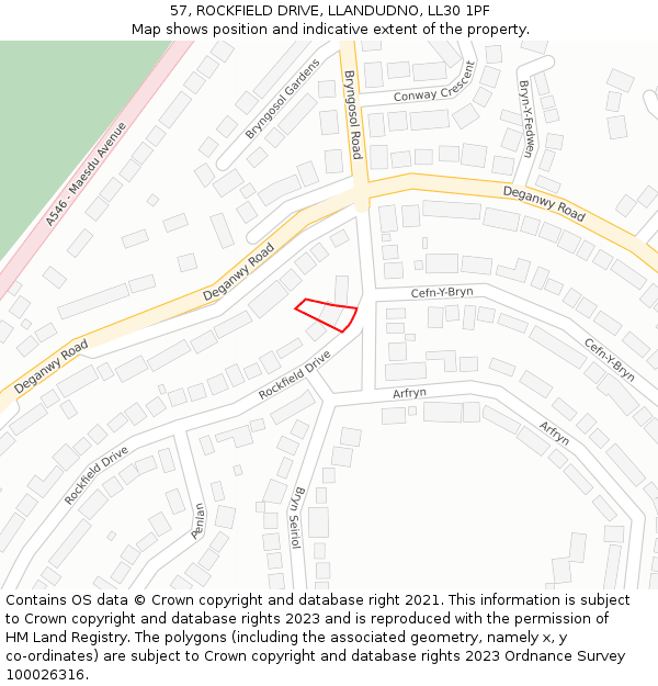 57, ROCKFIELD DRIVE, LLANDUDNO, LL30 1PF: Location map and indicative extent of plot