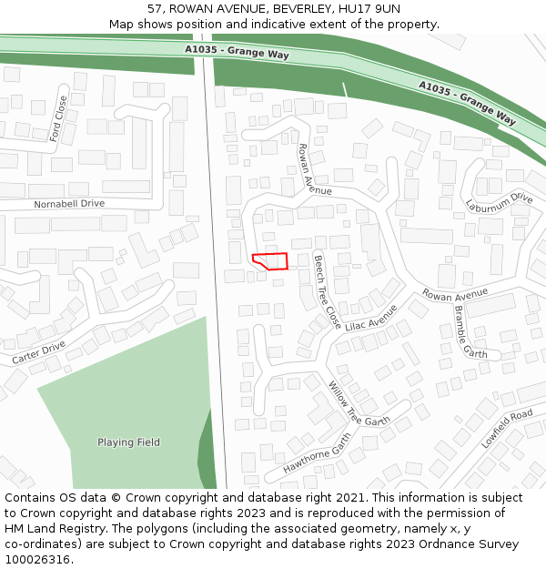 57, ROWAN AVENUE, BEVERLEY, HU17 9UN: Location map and indicative extent of plot