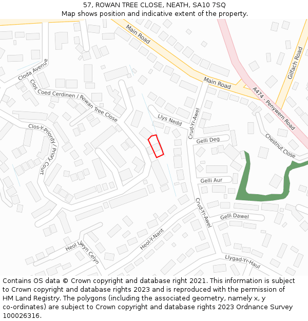 57, ROWAN TREE CLOSE, NEATH, SA10 7SQ: Location map and indicative extent of plot