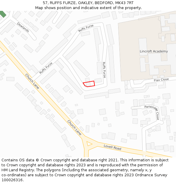 57, RUFFS FURZE, OAKLEY, BEDFORD, MK43 7RT: Location map and indicative extent of plot