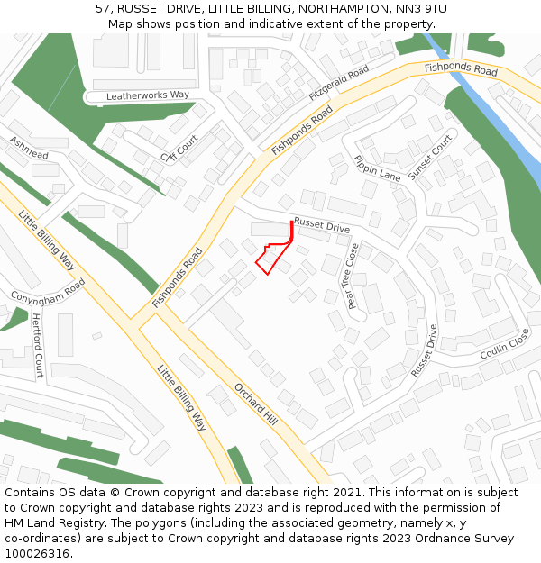 57, RUSSET DRIVE, LITTLE BILLING, NORTHAMPTON, NN3 9TU: Location map and indicative extent of plot