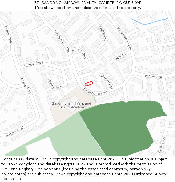 57, SANDRINGHAM WAY, FRIMLEY, CAMBERLEY, GU16 9YF: Location map and indicative extent of plot