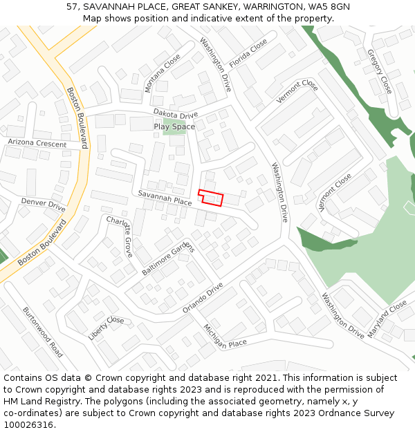 57, SAVANNAH PLACE, GREAT SANKEY, WARRINGTON, WA5 8GN: Location map and indicative extent of plot