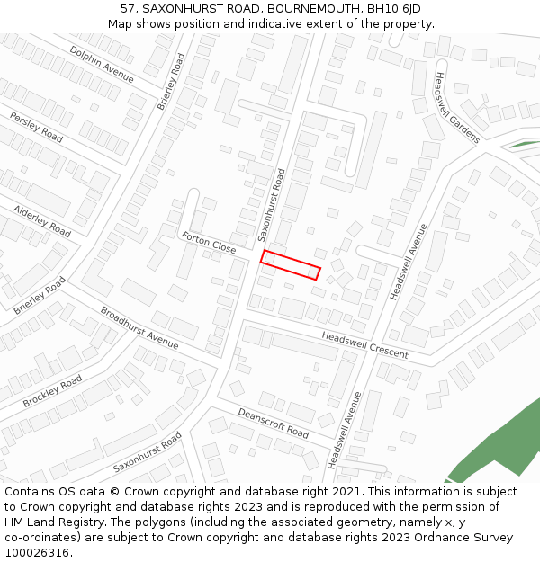 57, SAXONHURST ROAD, BOURNEMOUTH, BH10 6JD: Location map and indicative extent of plot