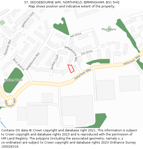 57, SEDGEBOURNE WAY, NORTHFIELD, BIRMINGHAM, B31 5HQ: Location map and indicative extent of plot