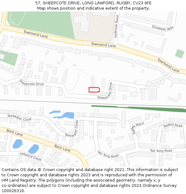 57, SHEEPCOTE DRIVE, LONG LAWFORD, RUGBY, CV23 9FE: Location map and indicative extent of plot