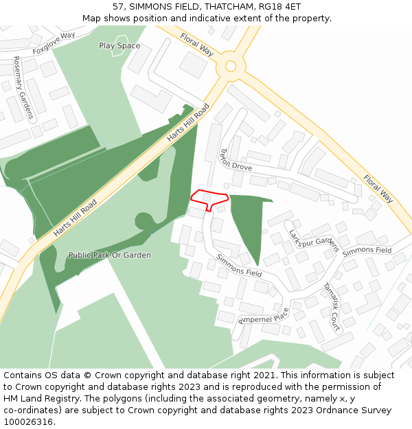 57, SIMMONS FIELD, THATCHAM, RG18 4ET: Location map and indicative extent of plot