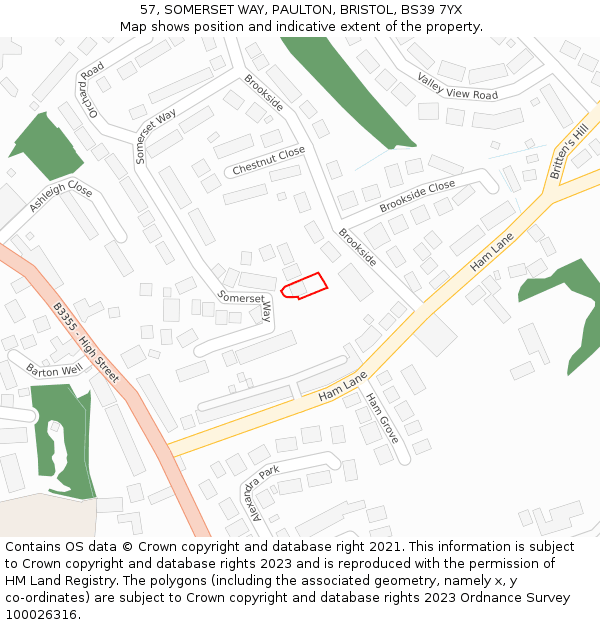 57, SOMERSET WAY, PAULTON, BRISTOL, BS39 7YX: Location map and indicative extent of plot