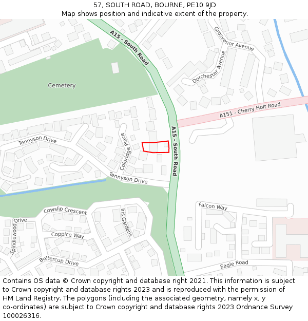 57, SOUTH ROAD, BOURNE, PE10 9JD: Location map and indicative extent of plot