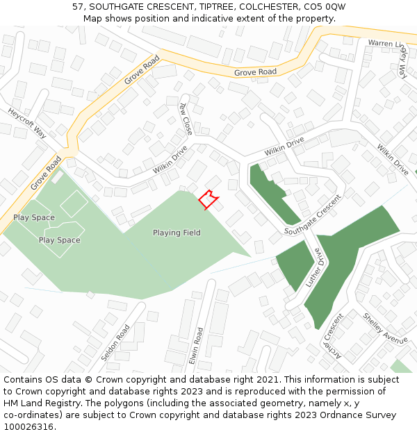 57, SOUTHGATE CRESCENT, TIPTREE, COLCHESTER, CO5 0QW: Location map and indicative extent of plot